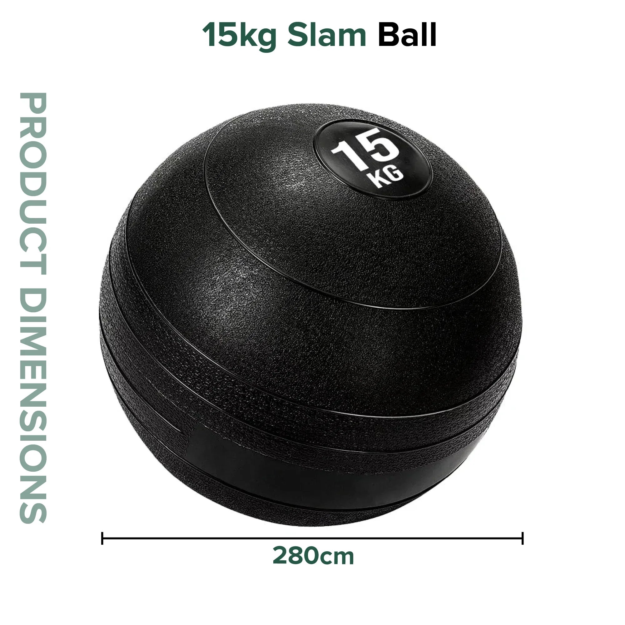 15kg slam ball with dimensions on a white background