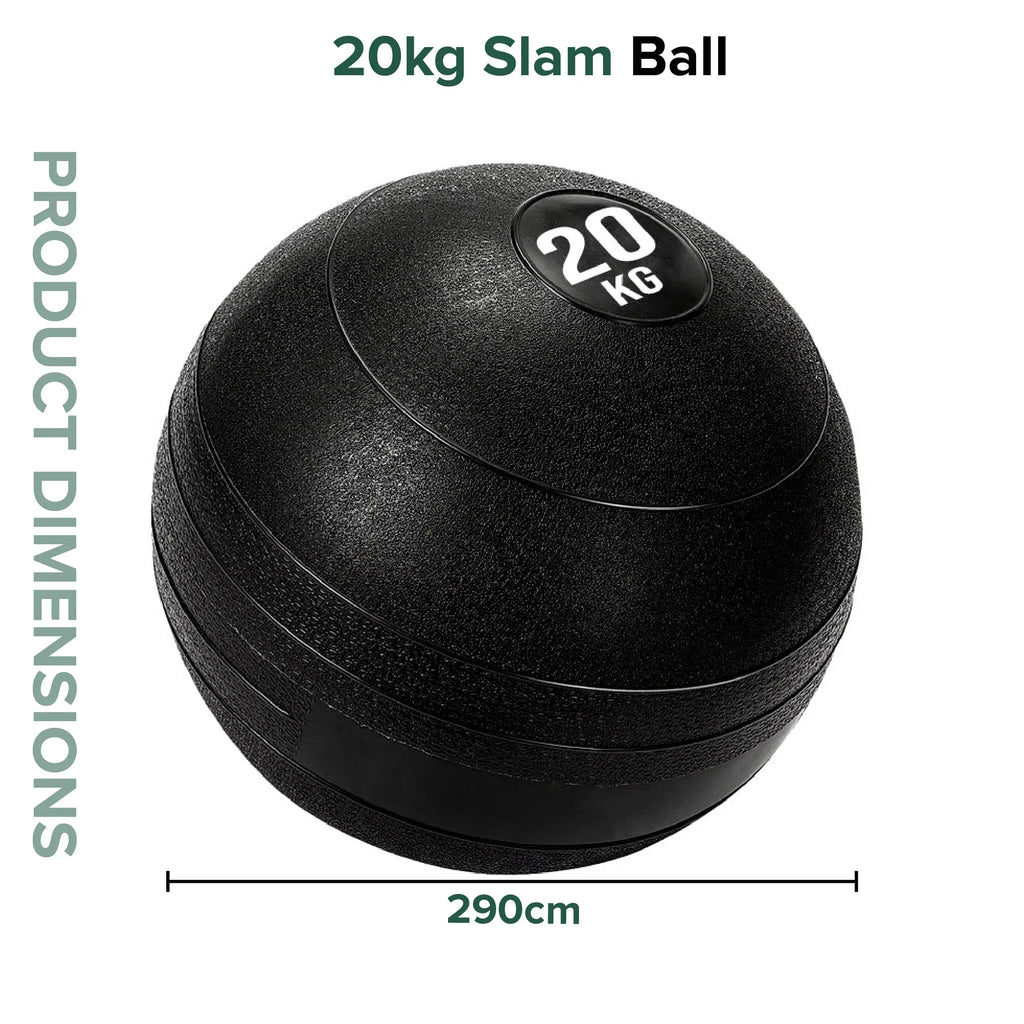 20kg slam ball with dimensions on a white background