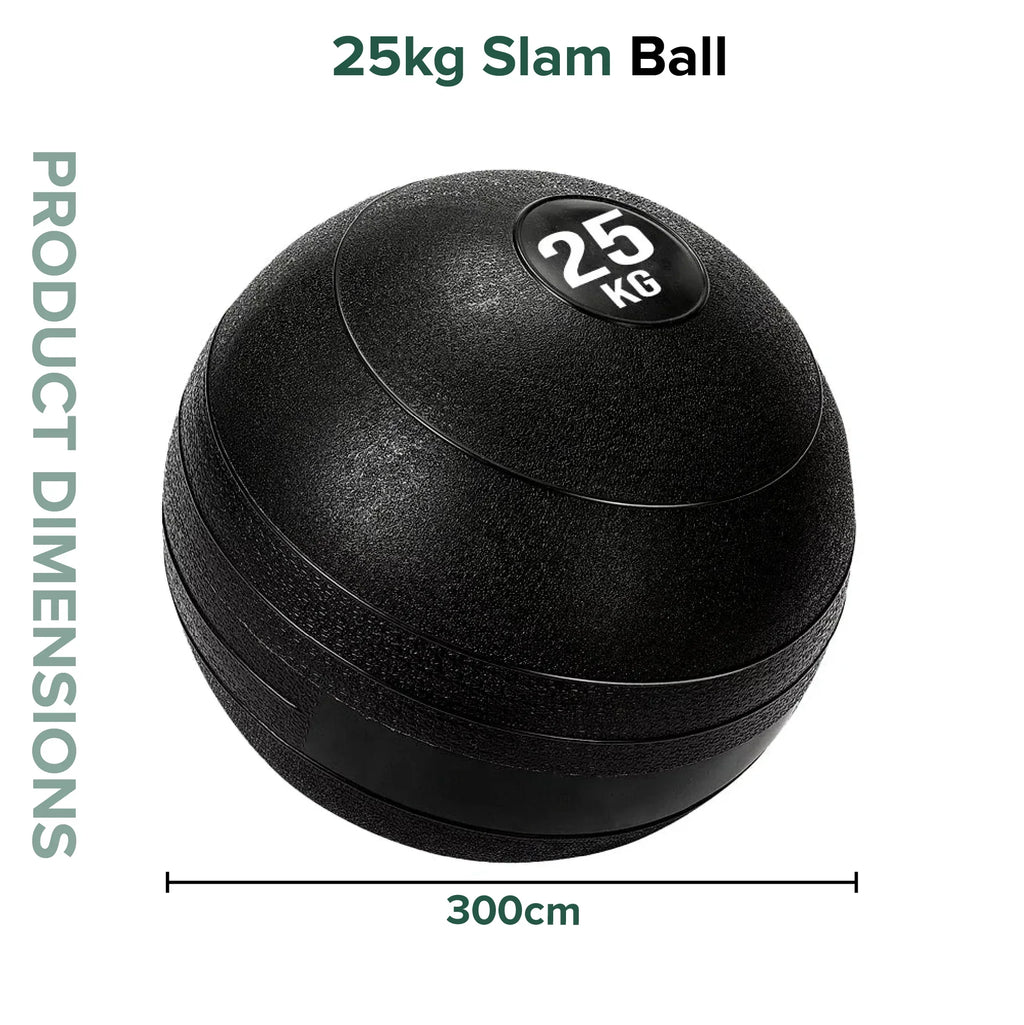 Black slam ball with '25kg' marking and dimensions on a white background