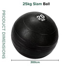 Black slam ball with '25kg' marking and dimensions on a white background