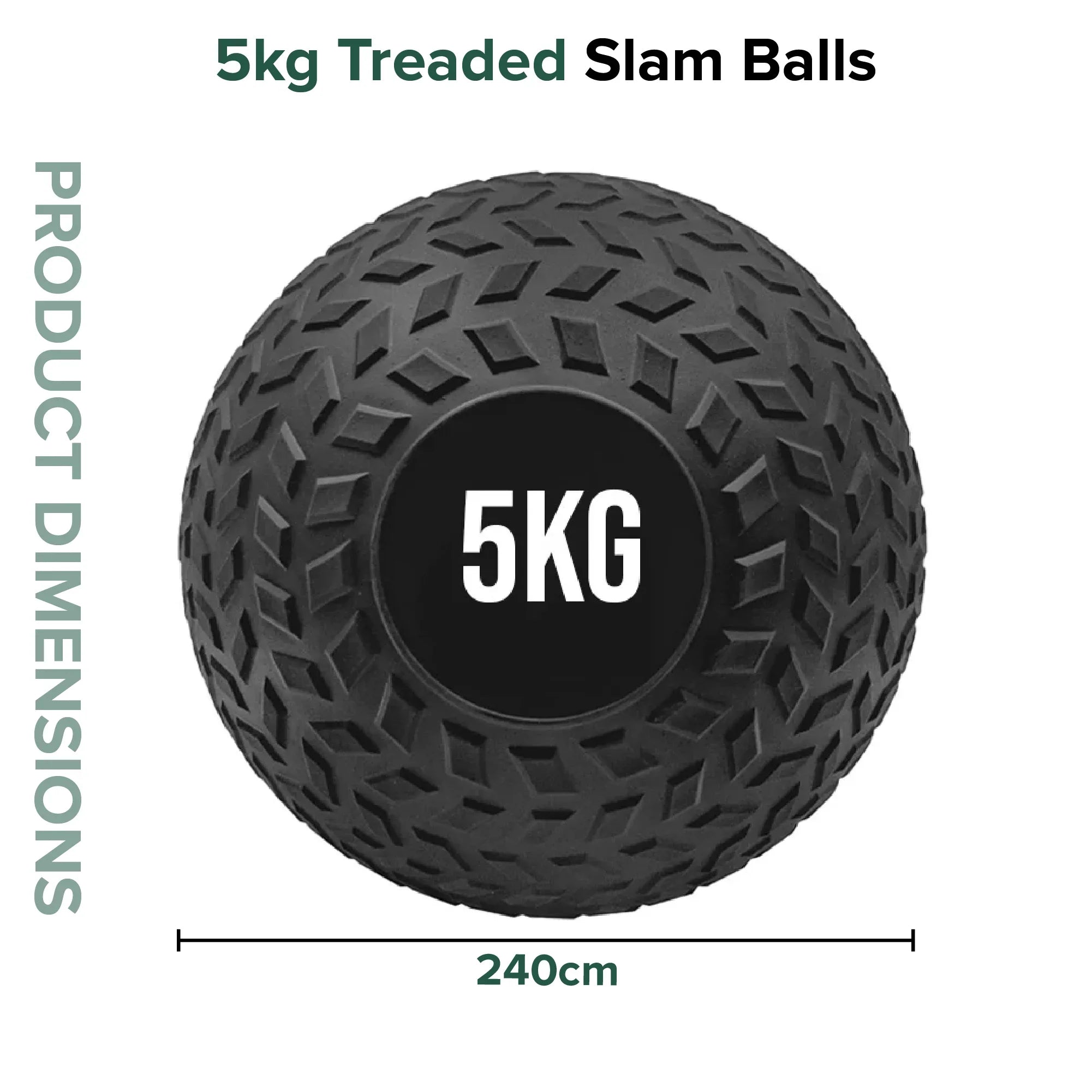 5kg treted slam ball with dimensions on a white background