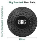 8kg treted slam ball with dimensions on a white background