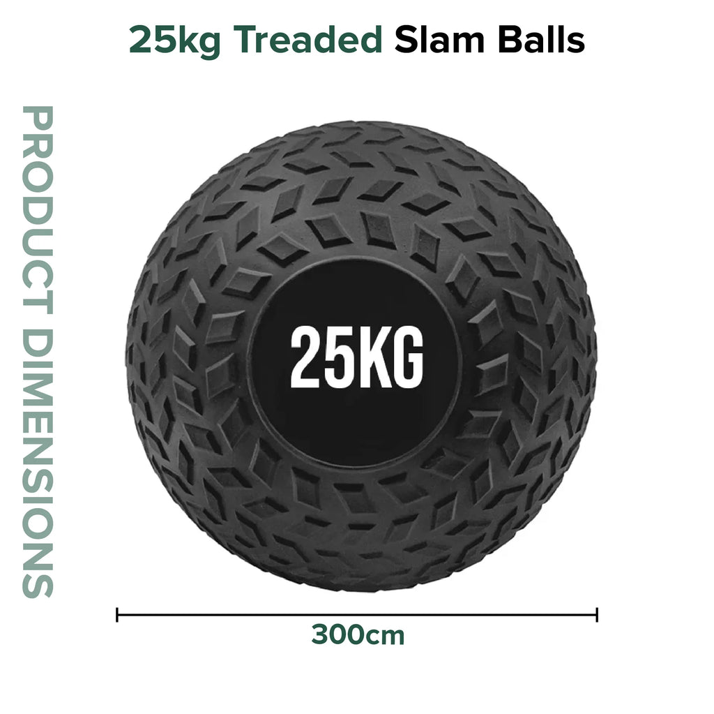 Black 25kg treaded slam ball with dimensions on a white background
