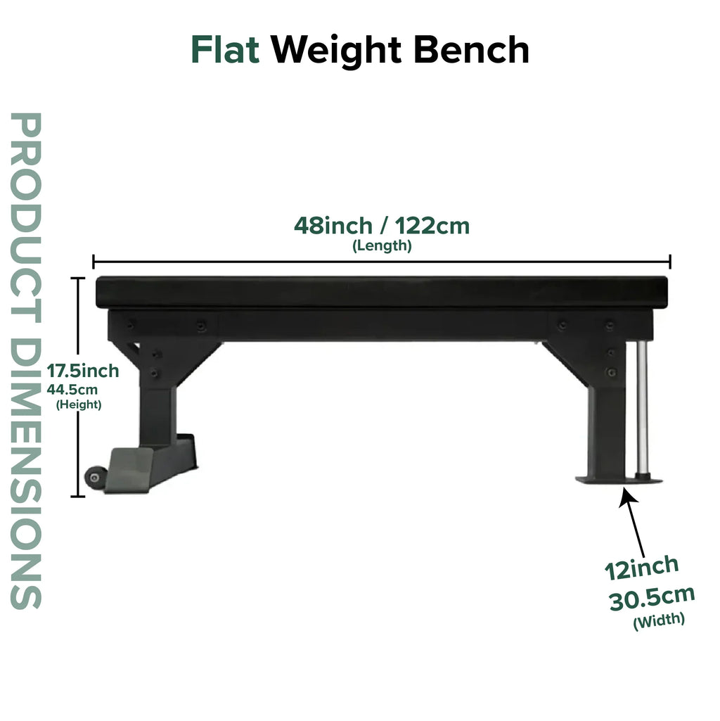 Flat weight bench with dimensions labeled on a white background