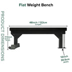Flat weight bench with dimensions labeled on a white background