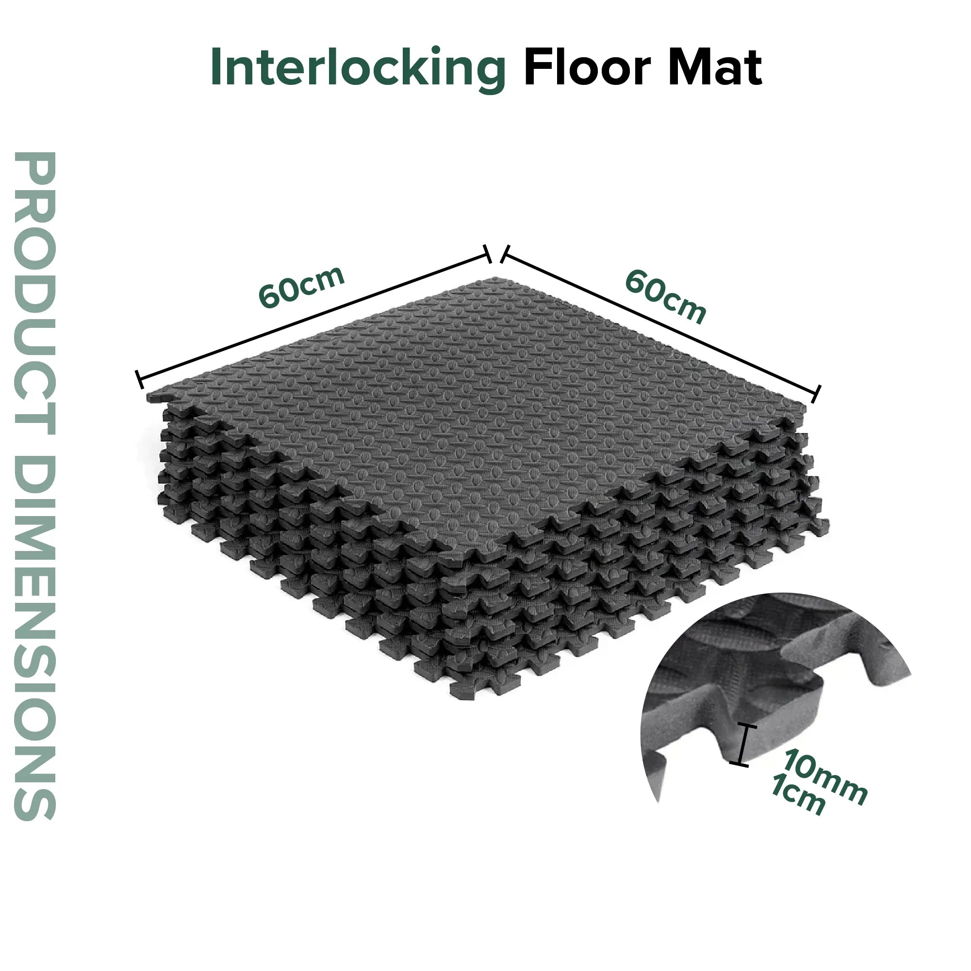 Interlocking floor mat with dimensions and product details on a white background