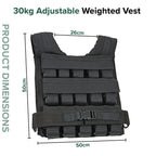 Black adjustable weighted vest with dimensions on a white background