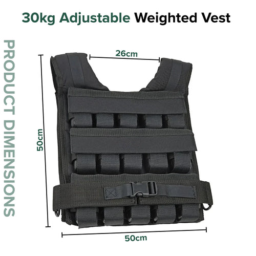 Black adjustable weighted vest with dimensions on a white background