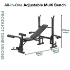 All-in-one adjustable multi bench with dimensions on a white background