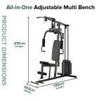 All-in-one adjustable multi bench with dimensions on a white background