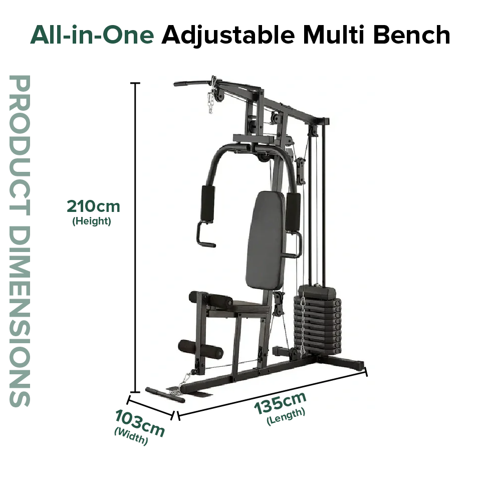 All-in-one adjustable multi bench with dimensions on a white background