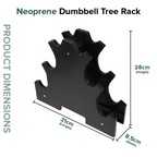 Neoprene dumbbell tree rack with dimensions on a white background
