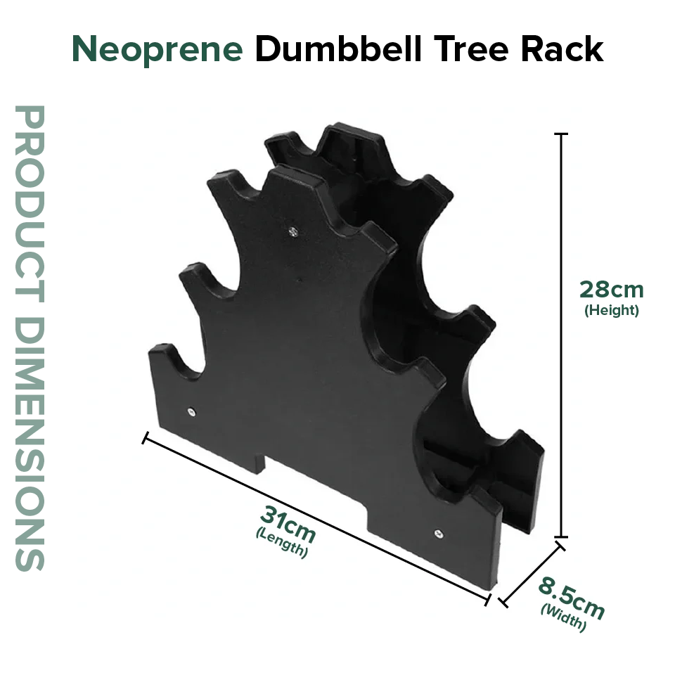Neoprene dumbbell tree rack with dimensions on a white background