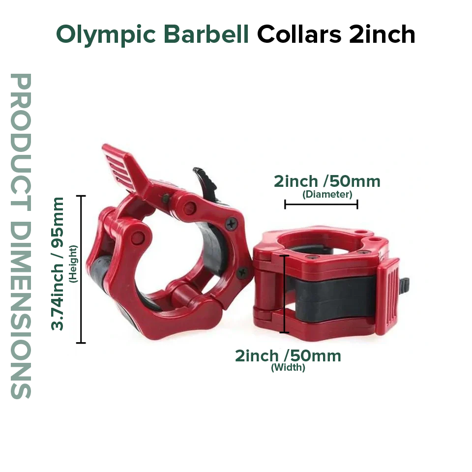Red Olympic barbell collars with dimensions on a white background