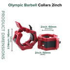 Red Olympic barbell collars with dimensions on a white background