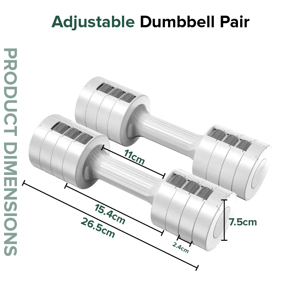 Adjustable dumbbell pair with dimensions on a white background