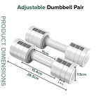 Adjustable dumbbell pair with dimensions on a white background