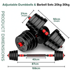 Adjustable dumbbells and barbell sets with dimensions on a white background