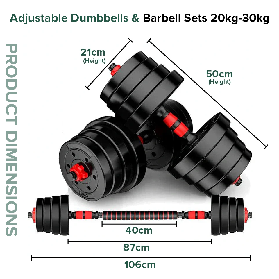 Adjustable dumbbells and barbell sets with dimensions on a white background