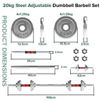 Product dimensions and specifications of a 20kg steel adjustable barbell on a white background.