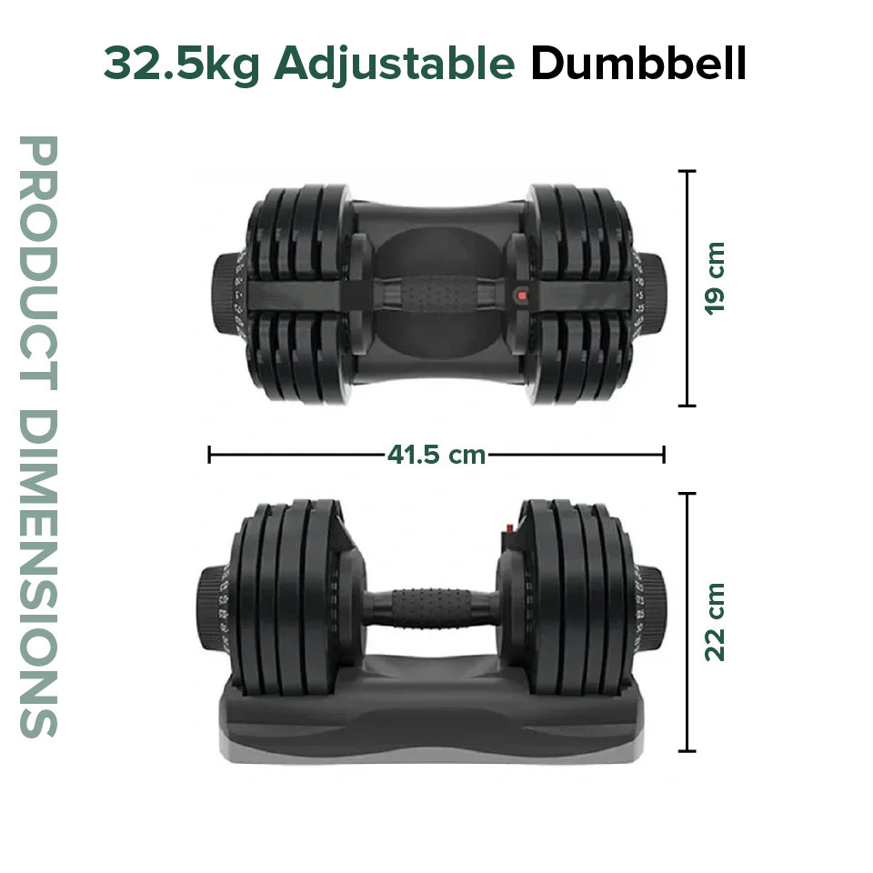 Pair of adjustable dumbbells with measurements on a white background