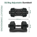 Pair of adjustable dumbbells with measurements on a white background