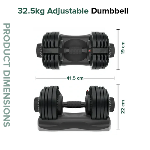 Pair of adjustable dumbbells with measurements on a white background