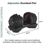 Adjustable dumbbell pair with product dimensions and weight capacity details on a white background.