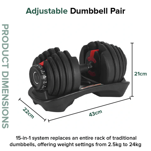 Adjustable dumbbell pair with product dimensions and weight capacity details on a white background.