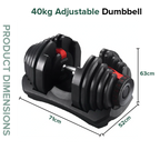 40kg adjustable dumbbell set with dimensions on a white background