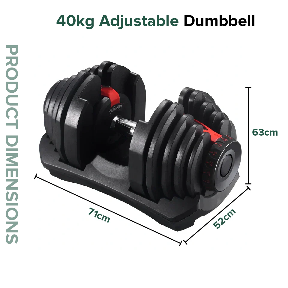 40kg adjustable dumbbell set with dimensions on a white background