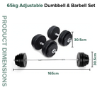 65kg adjustable dumbbell and barbell set with dimensions on a white background