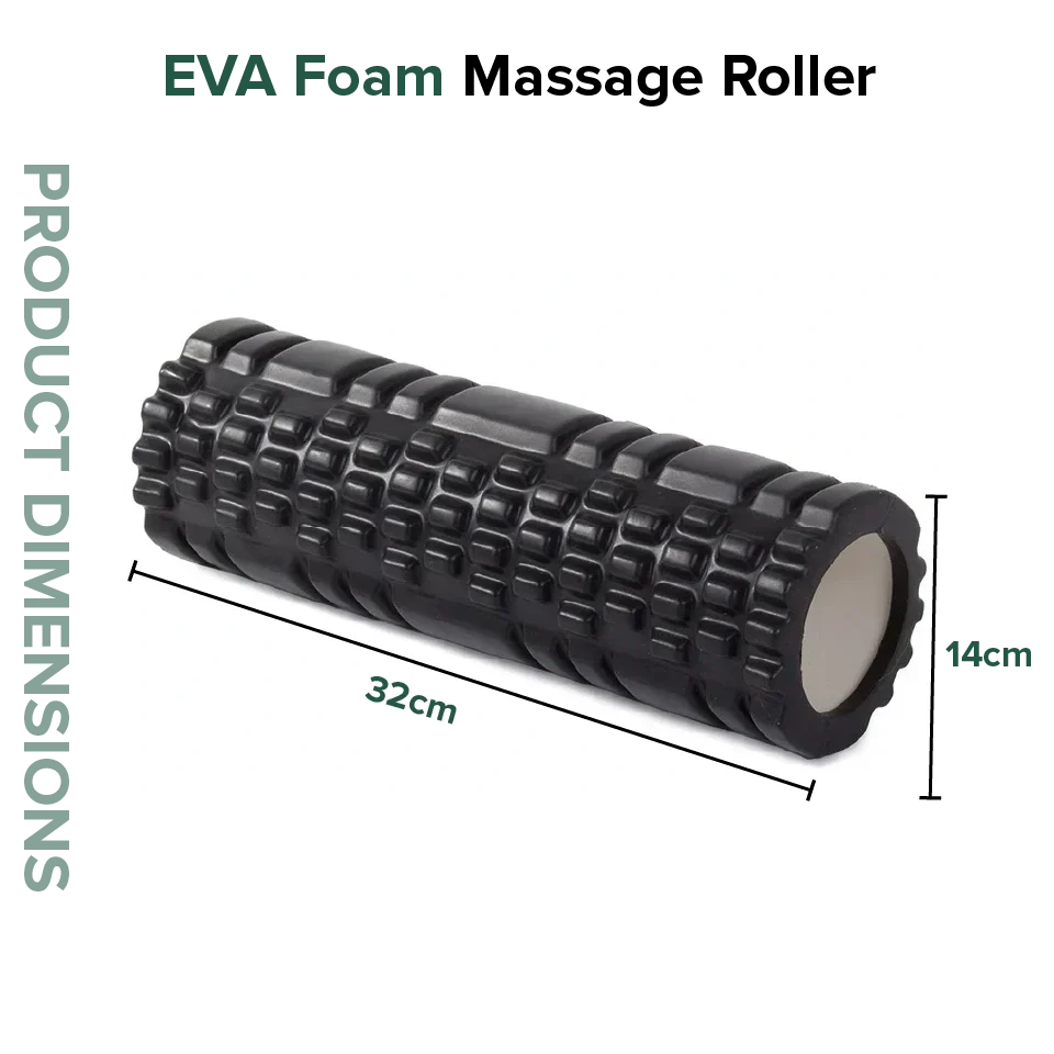 Black EVA foam massage roller with dimensions on a white background