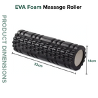 Black EVA foam massage roller with dimensions on a white background