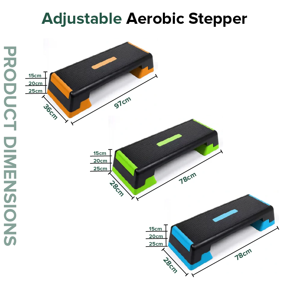 Adjustable aerobic stepper with dimensions on a white background