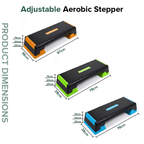 Adjustable aerobic stepper with dimensions on a white background
