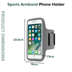 Sports armband phone holder with smartphone display and dimensions on a white background