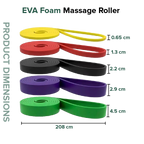 EVA foam massage roller with dimensions labeled for each color on a white background.