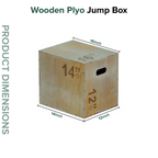 Wooden plyo jump box with dimensions labeled on a white background