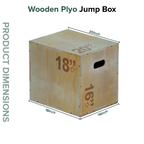 Wooden plyo jump box with dimensions labeled on a white background