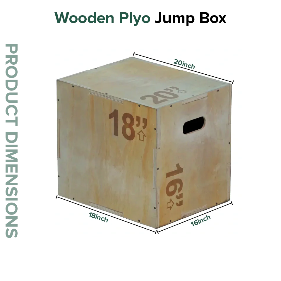 Wooden plyo jump box with dimensions labeled on a white background