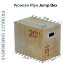 Wooden plyo jump box with dimensions labeled on a white background