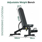Adjustable weight bench with dimensions labeled on a white background