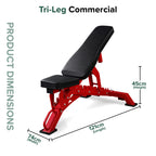 Red and black adjustable weight bench with dimensions on a white background