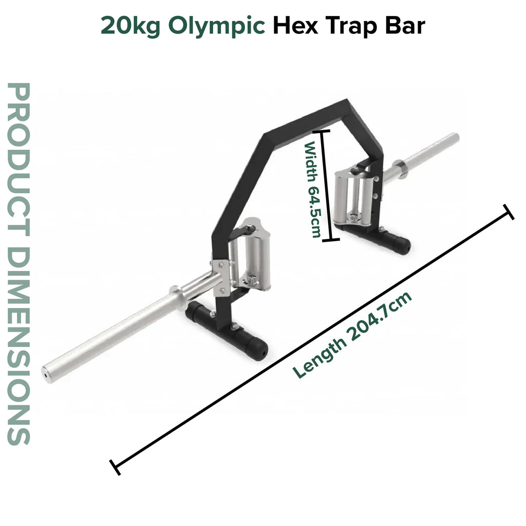 20kg Olympic Hex Trap Bar with dimensions on a white background