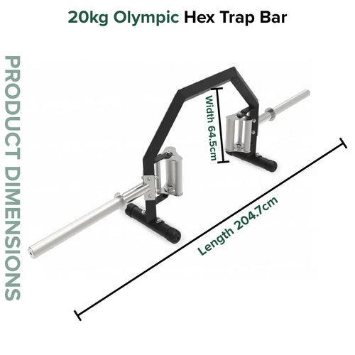 20kg Olympic Hex Trap Bar with dimensions on a white background