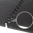 Black interlocking foam mats with a close-up of the texture on a white background