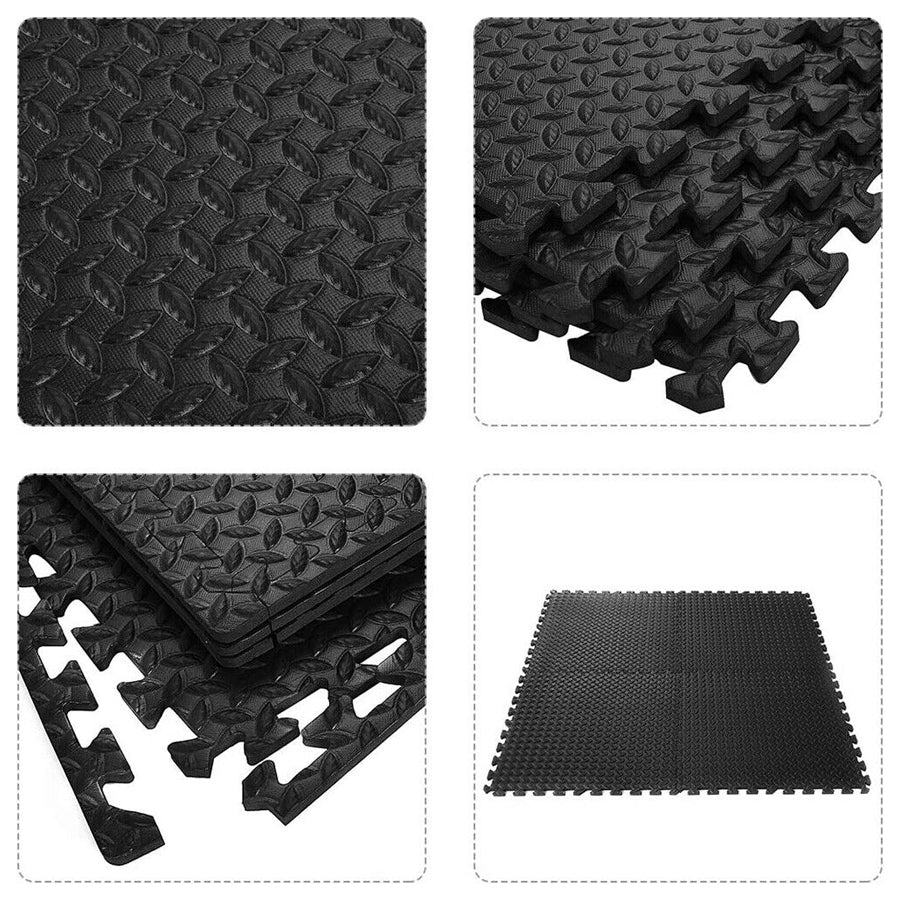 Black interlocking foam mats with different views showing texture and design.