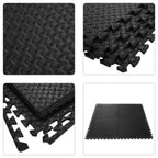Black interlocking foam mats with different views showing texture and design.