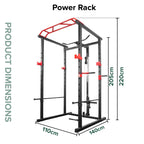 Power rack with dimensions labeled on a white background